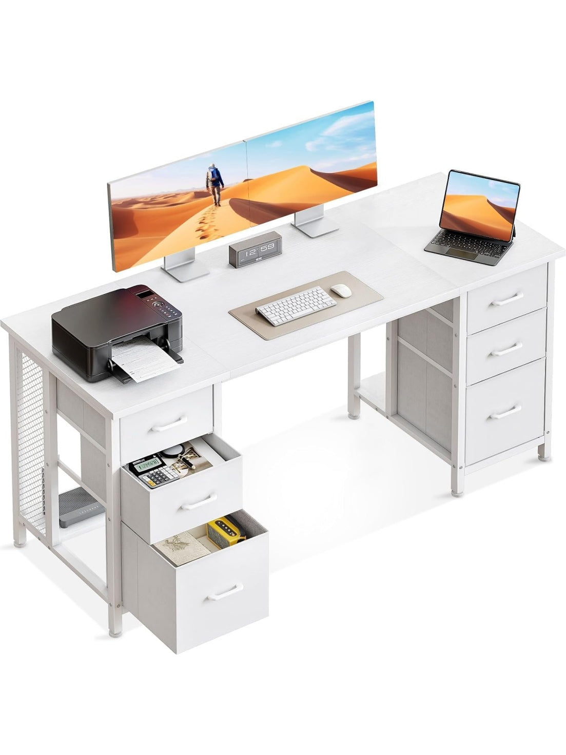 Schreibtisch 160 x 52 cm mit sechs Stoffschubladen in Weiss