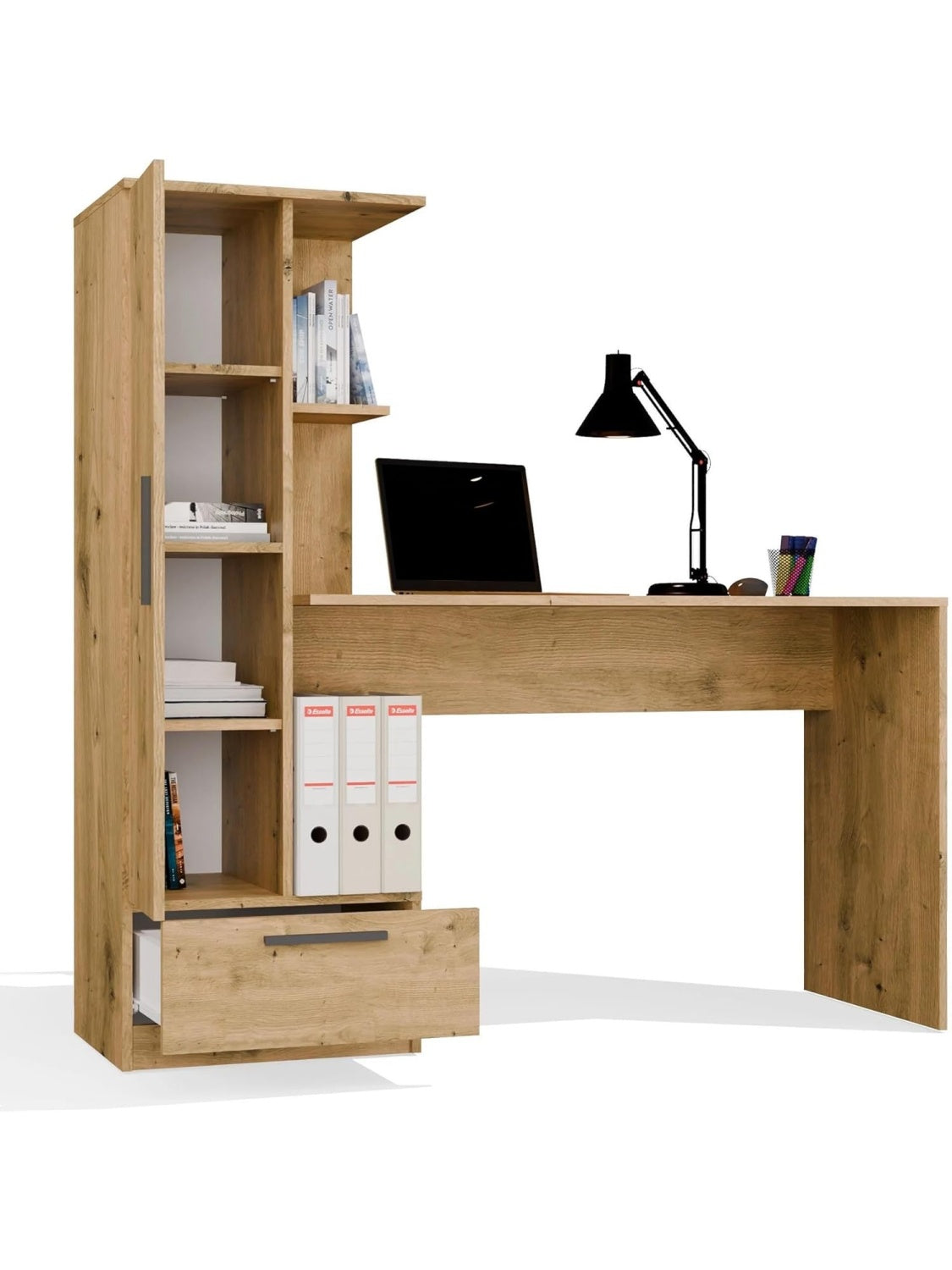 Schreibtisch 140 cm mit Regal Schublade und drei Ablagefachern