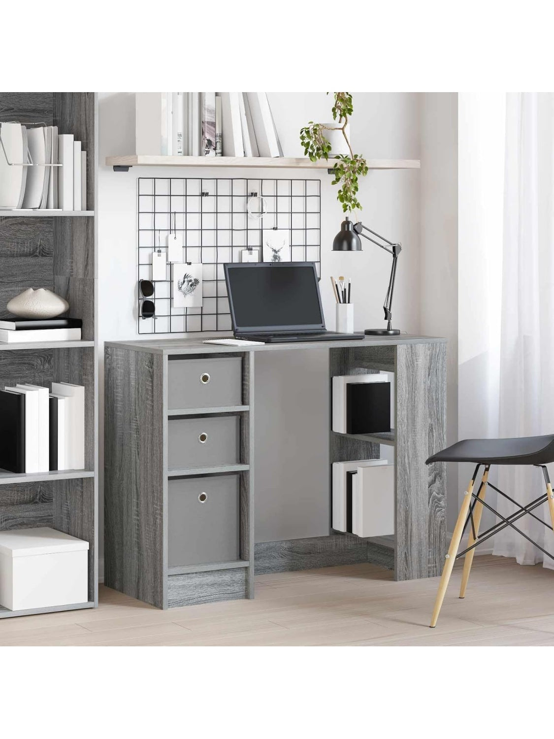 Schreibtisch 100 x 40 x 75 cm in Grauer Sonoma Optik mit drei Schubladen und Regalfachern