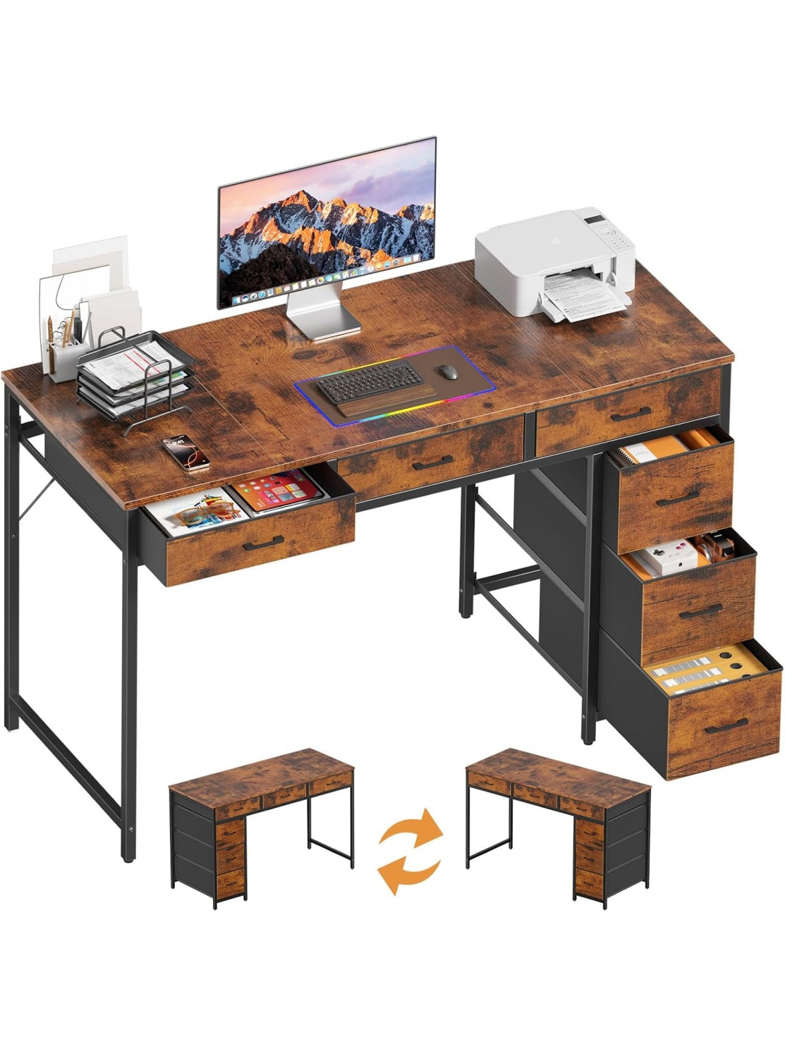 Computertisch 120 cm mit sechs Stoffschubladen und umkehrbarem Aufbau fur Buro und Homeoffice