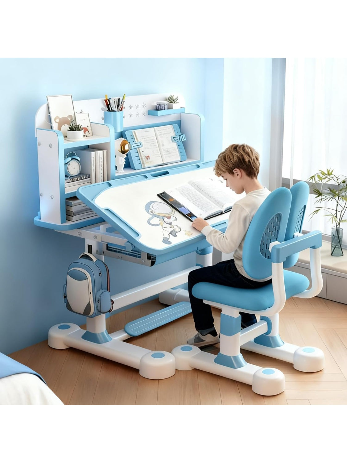 Kinderschreibtisch Set in Blau mit Bucherstander Schubladen Bucherregal und ergonomischem Stuhl fur Schule und Lernen