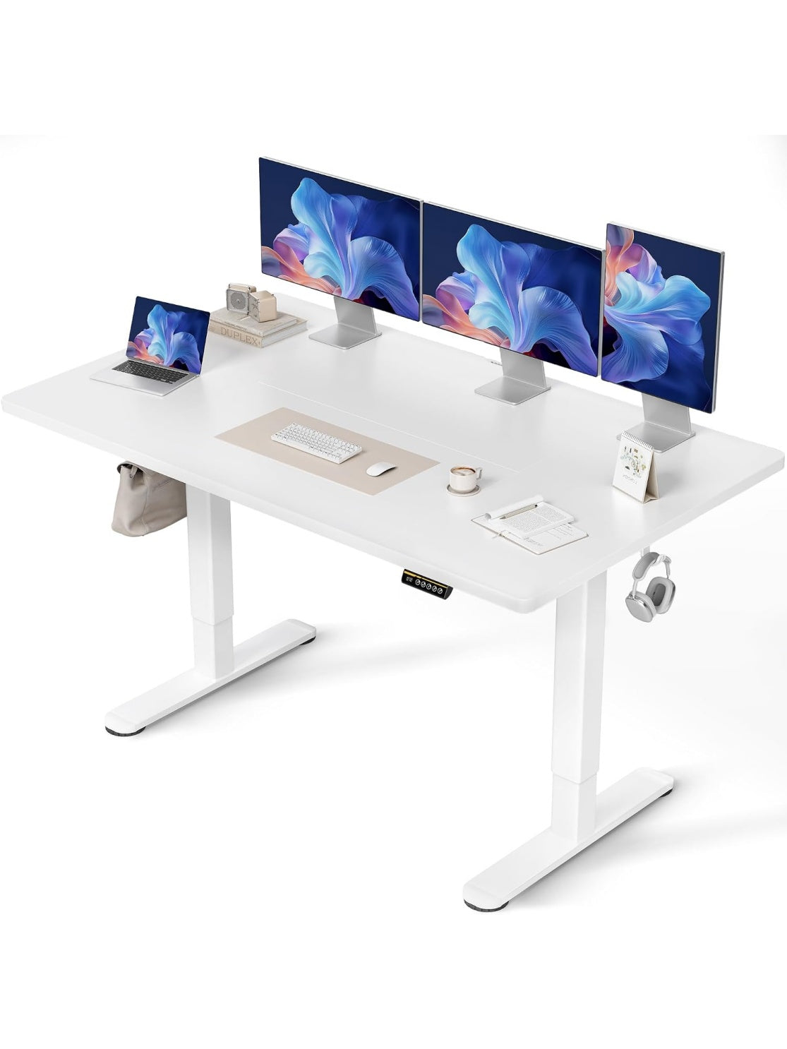 Elektrischer Schreibtisch 160 x 80 cm mit leisem Motor drei Memory Funktionen zwei Haken und 80 kg Tragkraft in Weiss