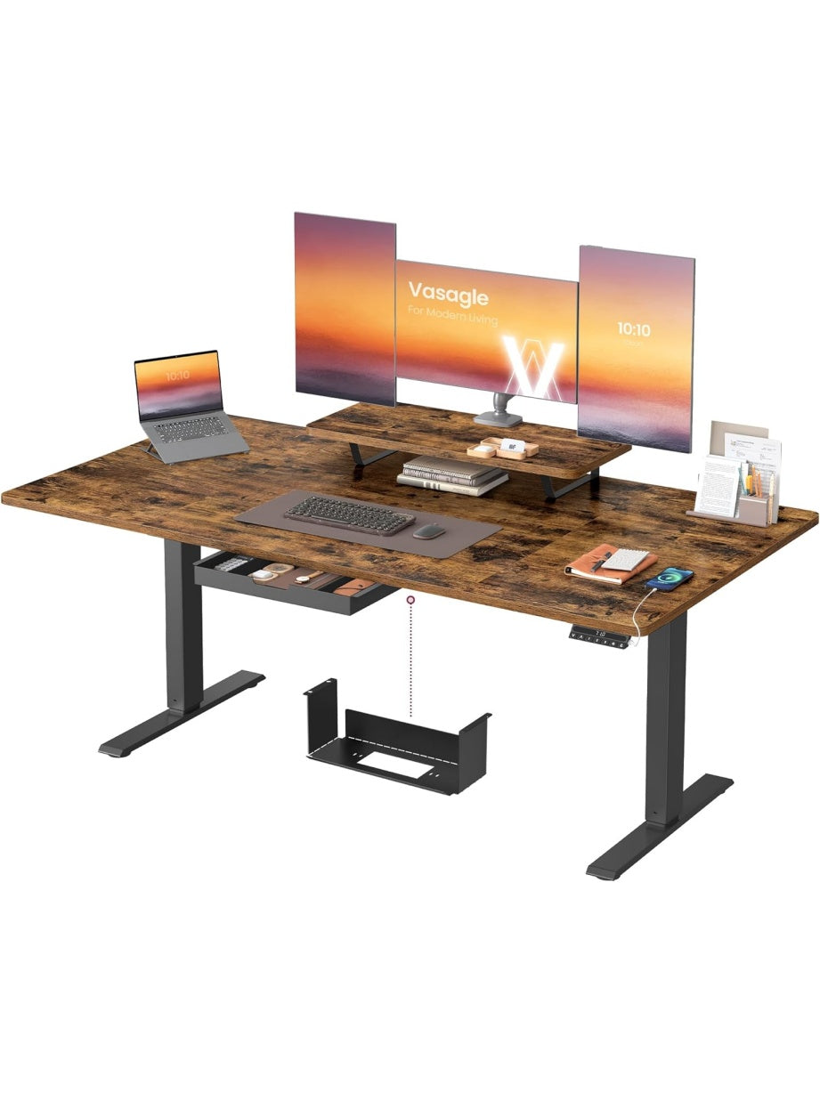 Hohenverstellbarer Schreibtisch 160 x 80 cm mit Monitorablage Schublade und USB C Anschluss