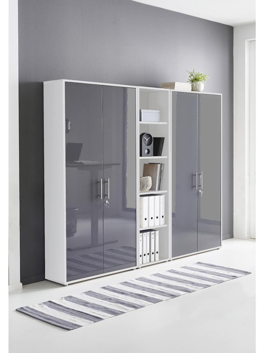 Schrankwand mit abschliessbarem Aktenschrank und Regalen in Weiss und Anthrazit Hochglanz