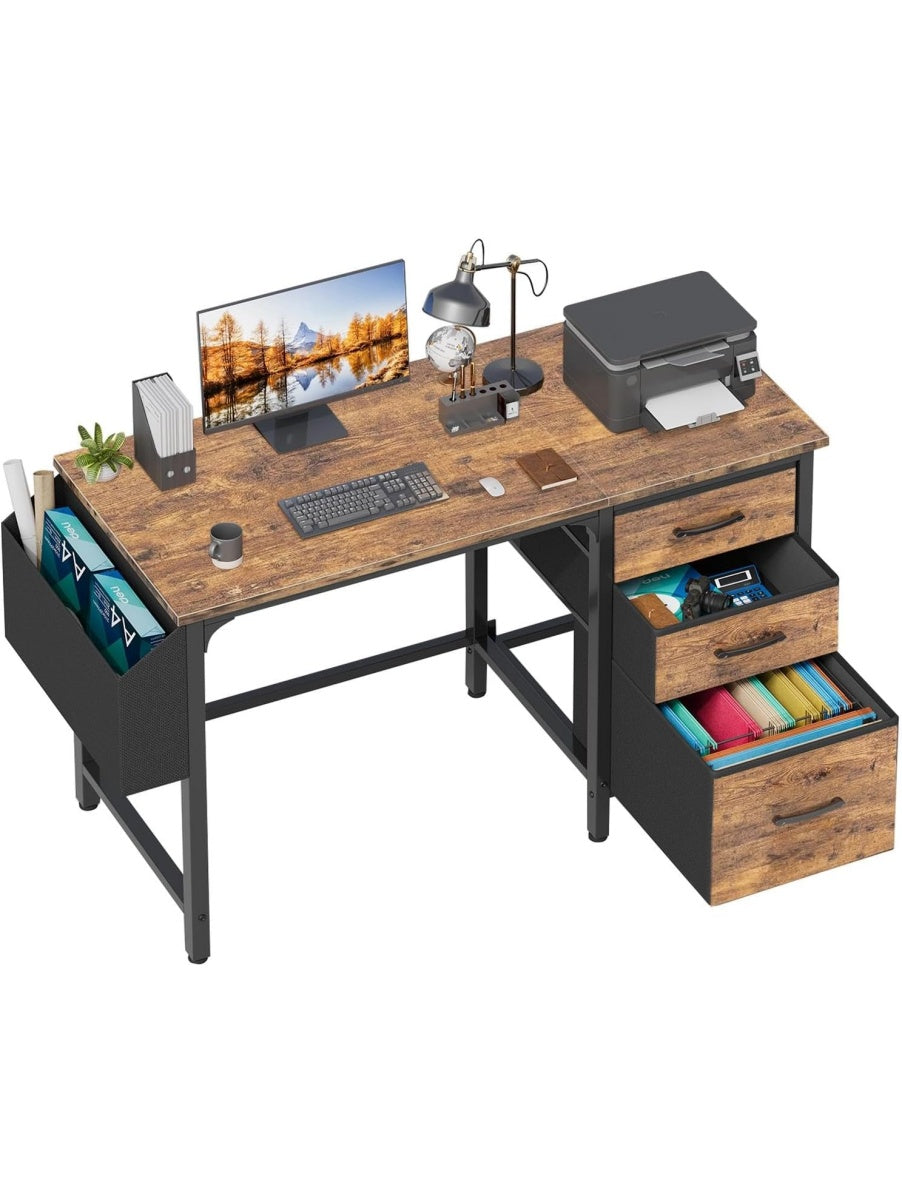 Computertisch 120 x 50 x 75 cm in Vintage Braun mit Stoffschubladen fur Homeoffice und Arbeitszimmer