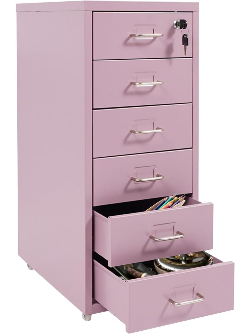 Abschliessbarer Rollcontainer aus Metall mit sechs Schubladen und Rollen fur Buro und Homeoffice